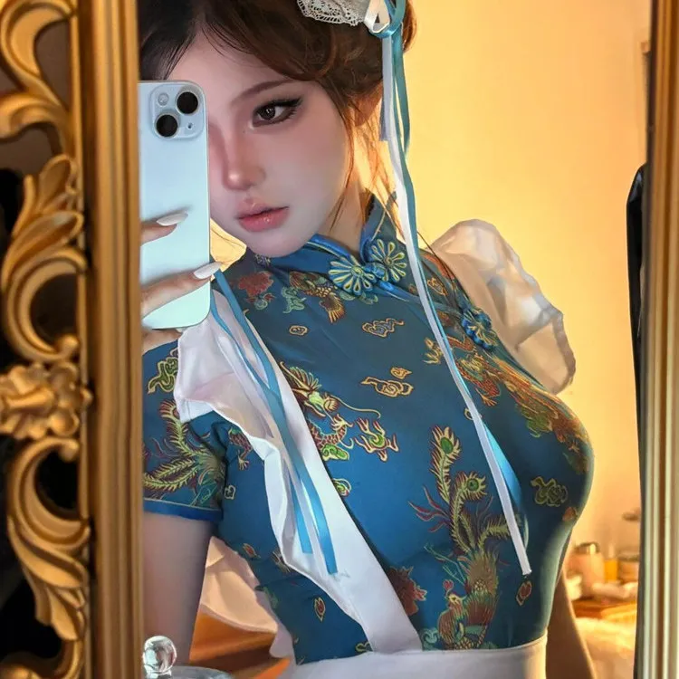 فستان تشيونغسام جديد بالطراز الصيني، زي تنكري للهالوين وعيد الميلاد، تنورة خادمة ناعمة للفتيات، تشيونغسام قصير للارتداء اليومي