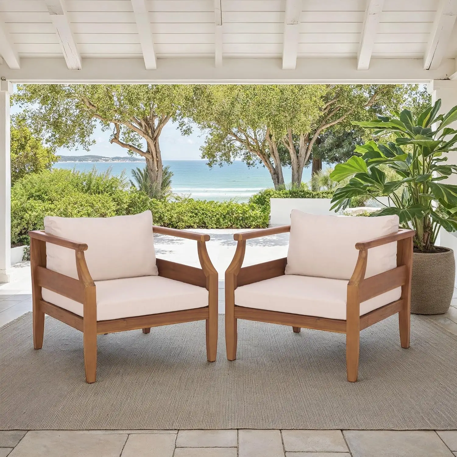 Outdoor Solid Wood Lounge Chair with Cushions, Modern Patio Garden Seating, Customized