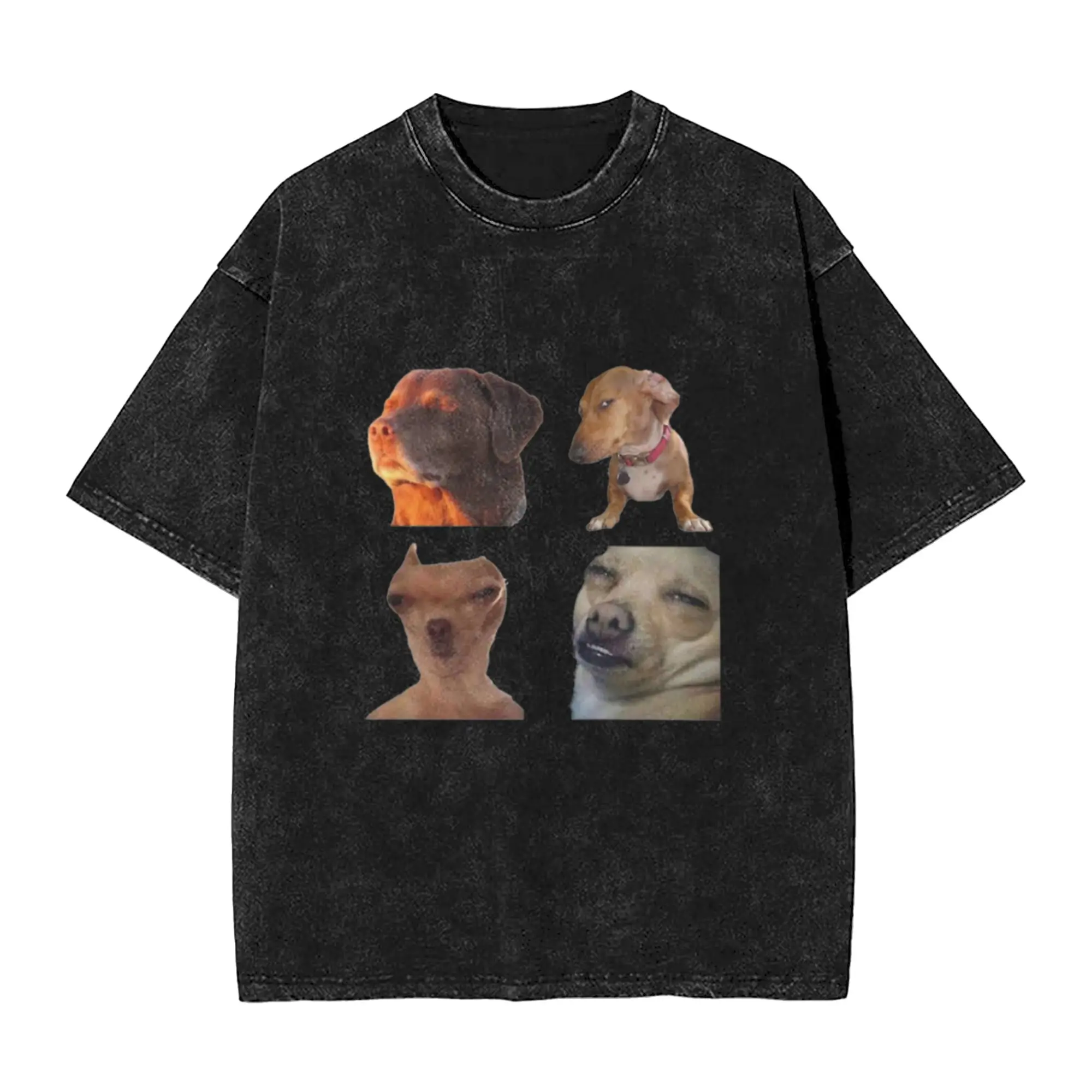 Vintage meme funny face dog Unique Chic A Washed T Shirt Men's Women's Oversized Cotton Tees Tops