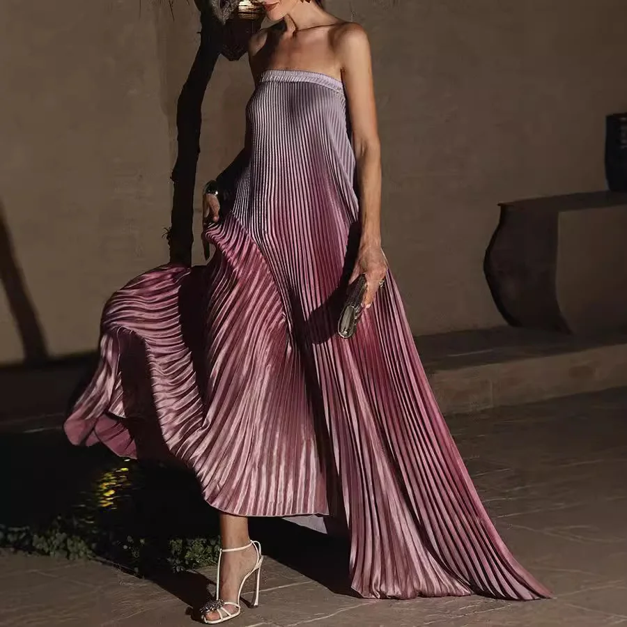 

Temperament Women's Autumn Winter Dress Fashionable Sexy Slim Gradient Dress Sleeveless Tube Top High Waist Pleated Long Dress