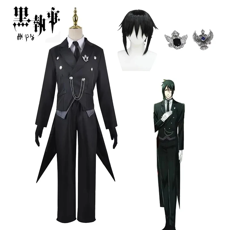 Disfraz de Cosplay de Sebastian Michaelis del Anime Black Butler Kuroshitsuji, Peluca, Uniforme, Disfraces de Halloween para Hombres, Mujeres, 3'f.5;j.8