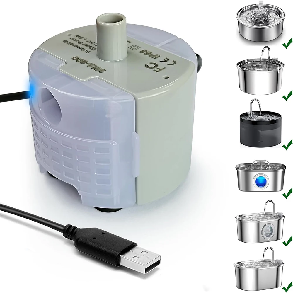 Pet Water Dispenser Pump, bomba de substituição USB, motor submersível, aço inoxidável Cat Water Dispenser
