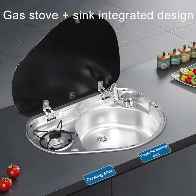 Portable Luxury Design CE Certified SUS 304 Stainless Steel Tempered Glass Cover Electric Ignition Gas Stove Sink for RVsstove