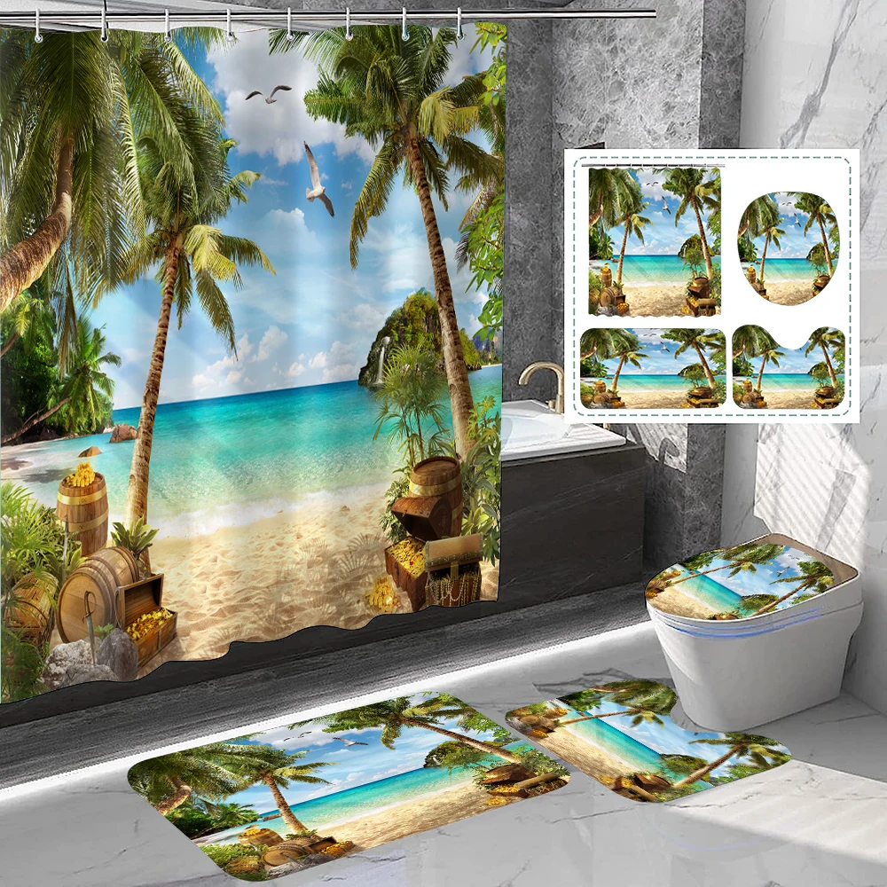 1 set of beach coconut tree landscape printed shower curtains, natural style, with 12 hooks and bathroom flooring