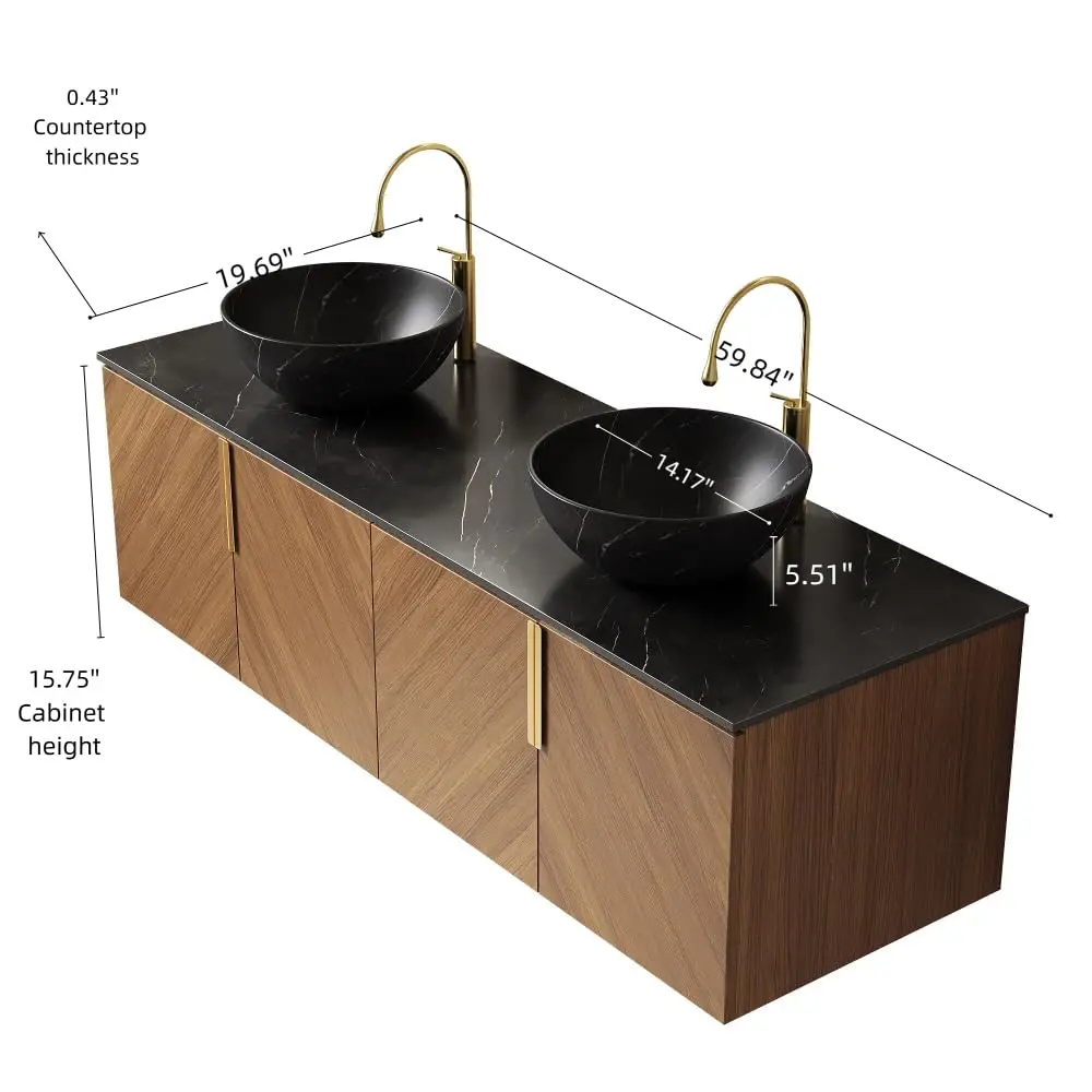 Bathroom Vanity 60 Inch Floating 2 Black Ceramic Sinks Oak Cabinet, Customized
