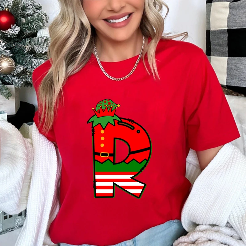 

Рождественская женская футболка с принтом алфавита A-Z, повседневный топ с рисунком букв Санта-Клауса, модная футболка для праздничной вечеринки для женской одежды