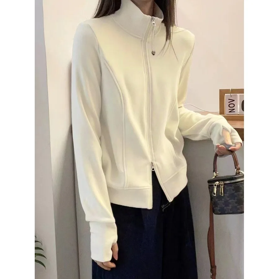 

Модная корейская толстовка на молнии с воротником-стойкой, женская, приталенная, теплая, базовая, верхняя одежда для осени и зимы