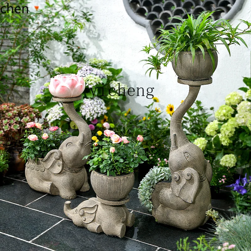 

ZML retro imitation stone elephant flower pot ornament creative outdoor garden animal sculpture courtyard garden lawn decoration