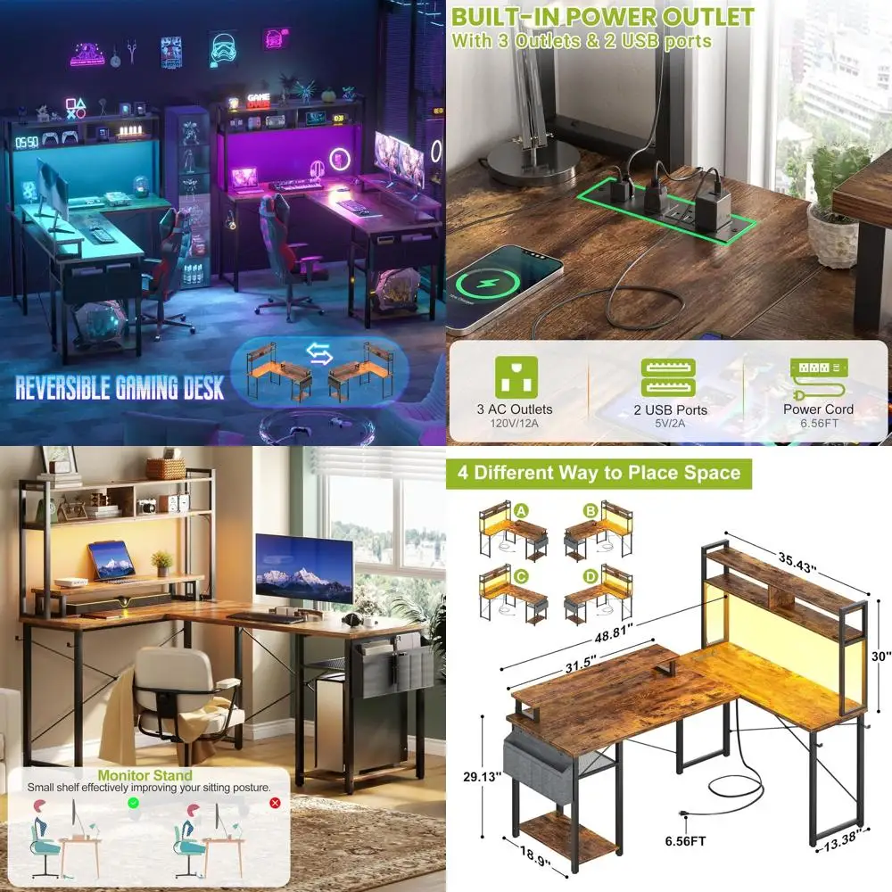 48 Rustic Brown L-Shaped Gaming Desk with LED, Monitor Stand, and Storage