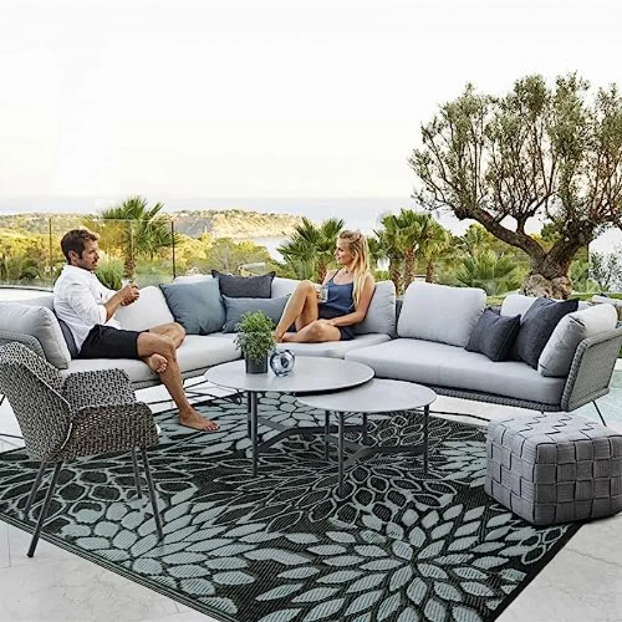 

Outdoor Rugs 8x10ft for Patios: Waterproof, Reversible Tropical Plastic Straw Mat Beige/Green, UV-Resistant Quick-Drying for RV