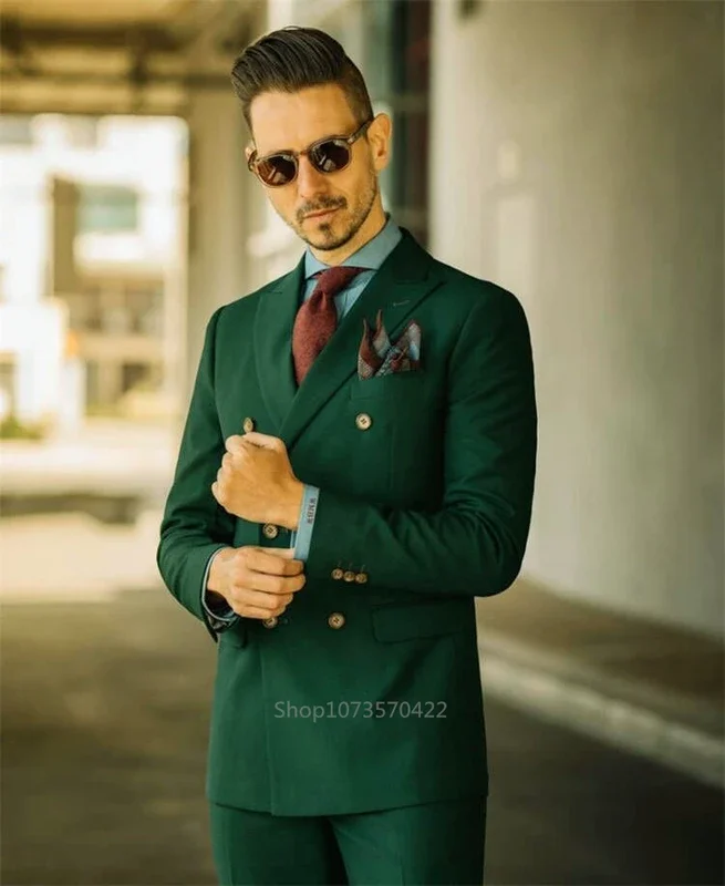 2 Piece Green Wedding Tuxedo Men Suit Peak Lapel Slim Fit Double Breasted Groom Wear Formal Party Prom Blazer (Jacket+Pants)