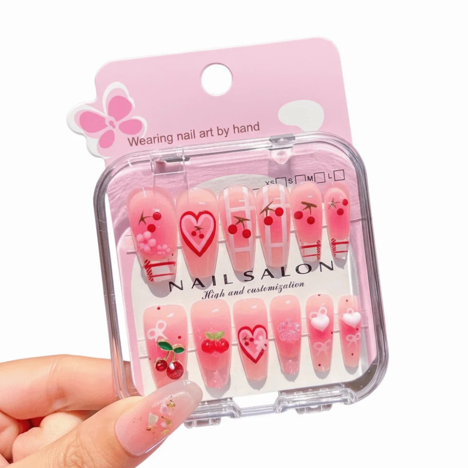 Uñas postizas de caricatura para niños con corazón de cereza, adhesivas, largas y lindas para niñas y estudiantes 2