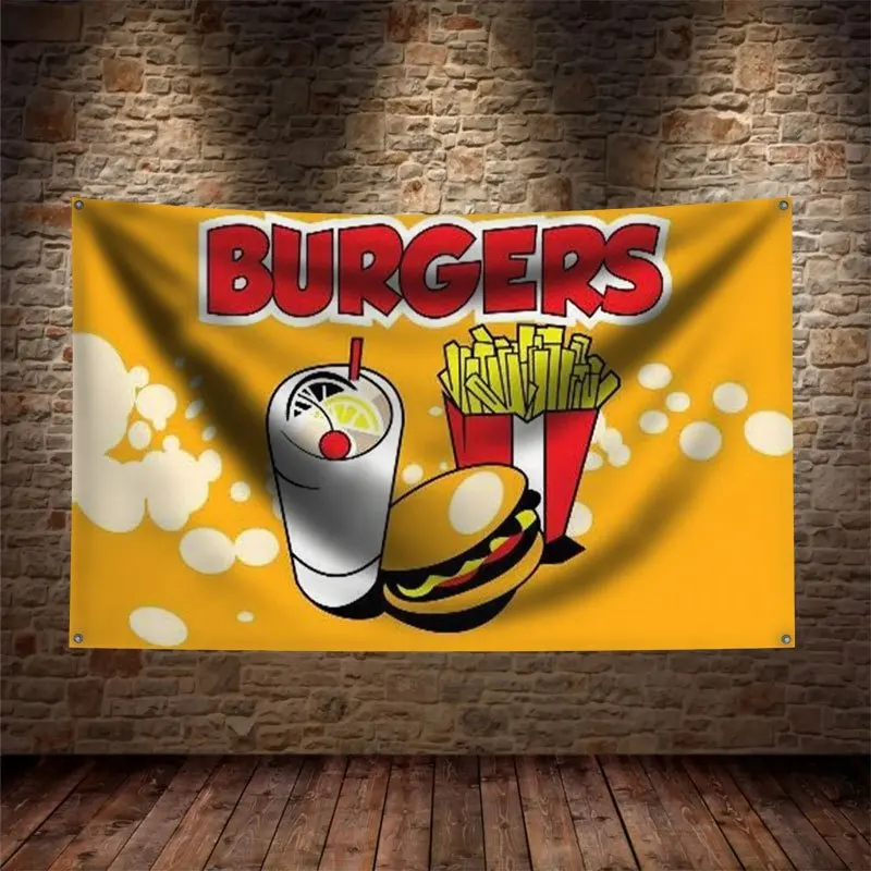 Fun Burger Fast Food Banner Kitchen Wall Decor BBQ Restaurant Grill Tapestry Man Cave Party Sign Flag Art