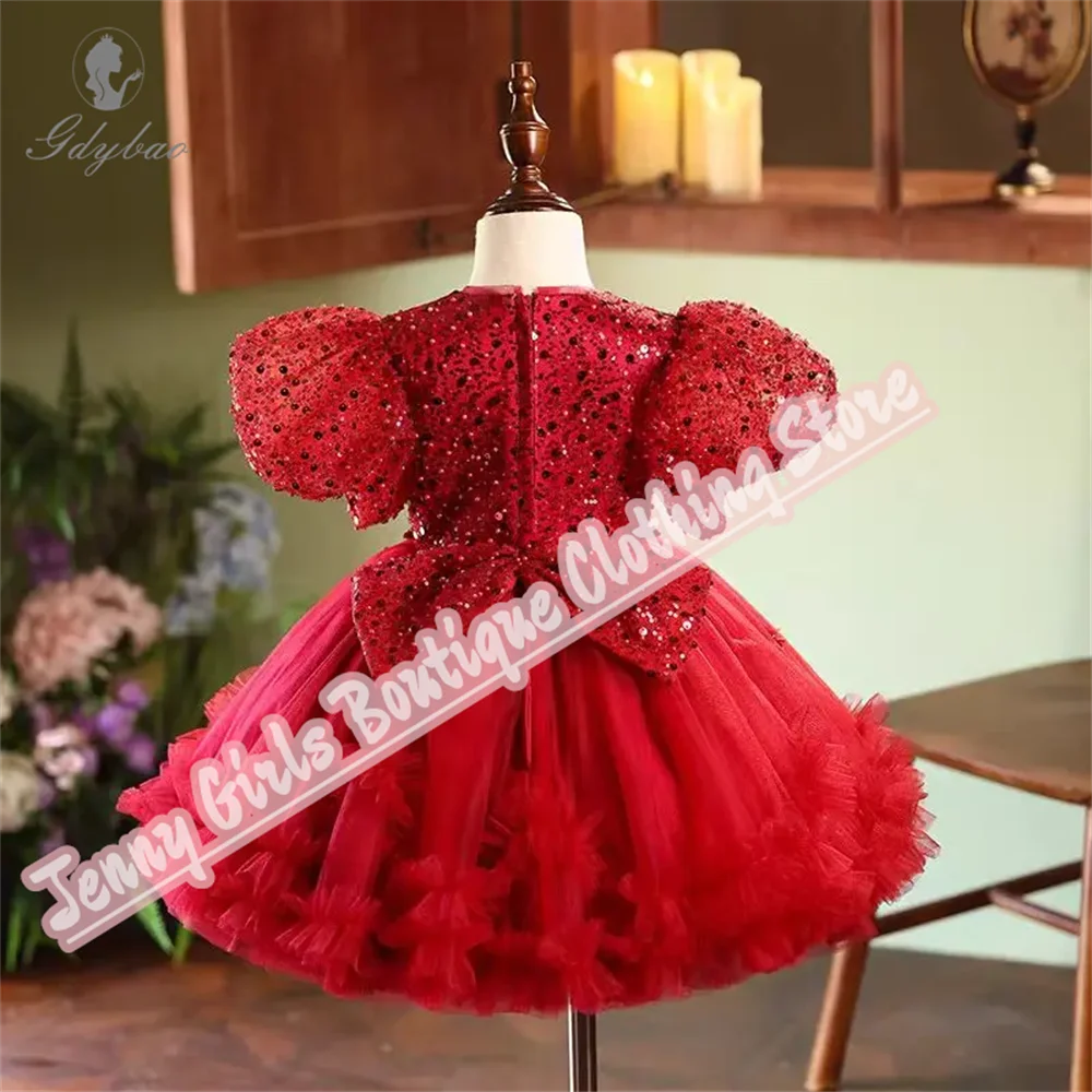 Sparkly Emerald สีเขียวสาวพรหมชุดพัฟแขน Bow Ruffle เจ้าหญิง 1st วันเกิดงานแต่งงาน Communion