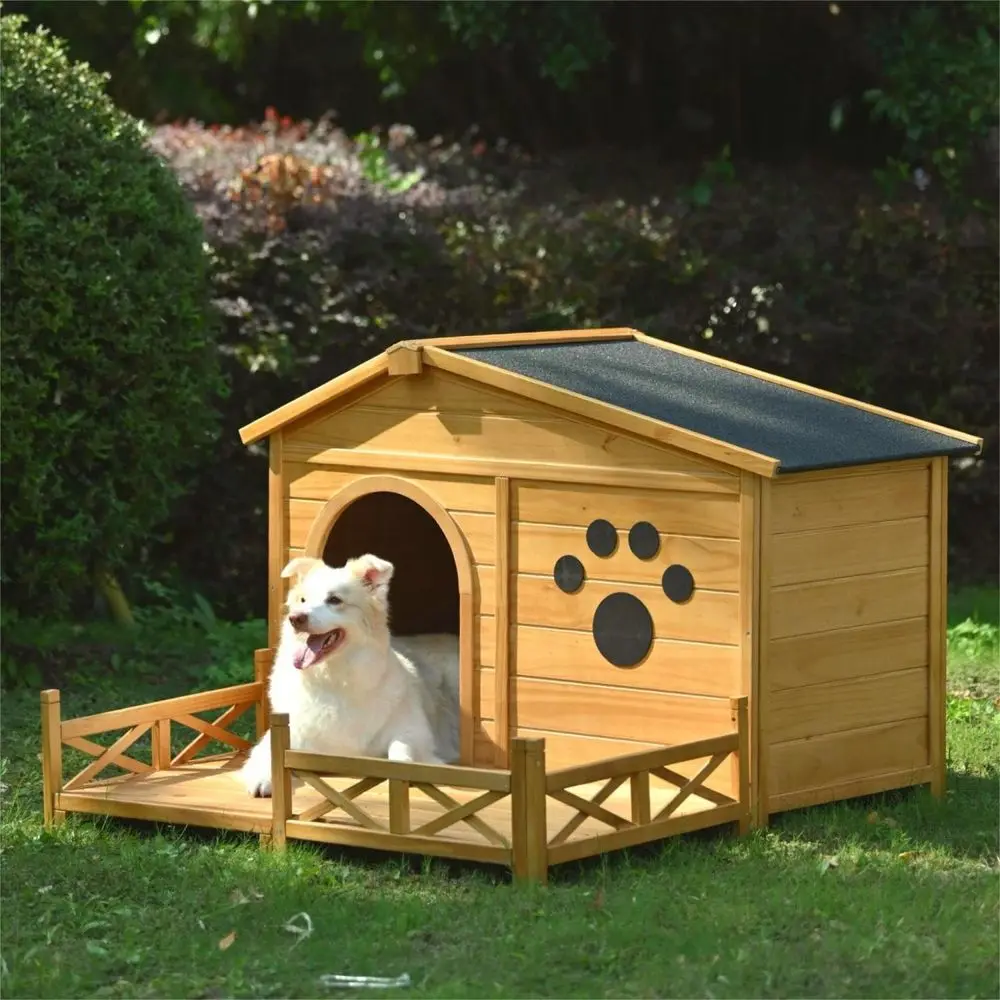 

48" Wooden Dog House Outdoor with Porch, Dog Kennel with Water-Resistant Asphalt Roof and Fencing,Indoor & Outdoor Dog Crate wit