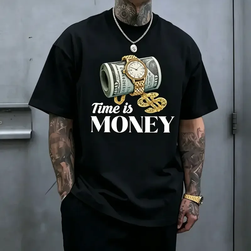 Men's 'Time Is Money' Graphic Print Tshirt, Hip Hop Streetwear Style Crew Neck Top, Soft Breathable Fabric for Casual Outfits, Cargo Pants, Joggers