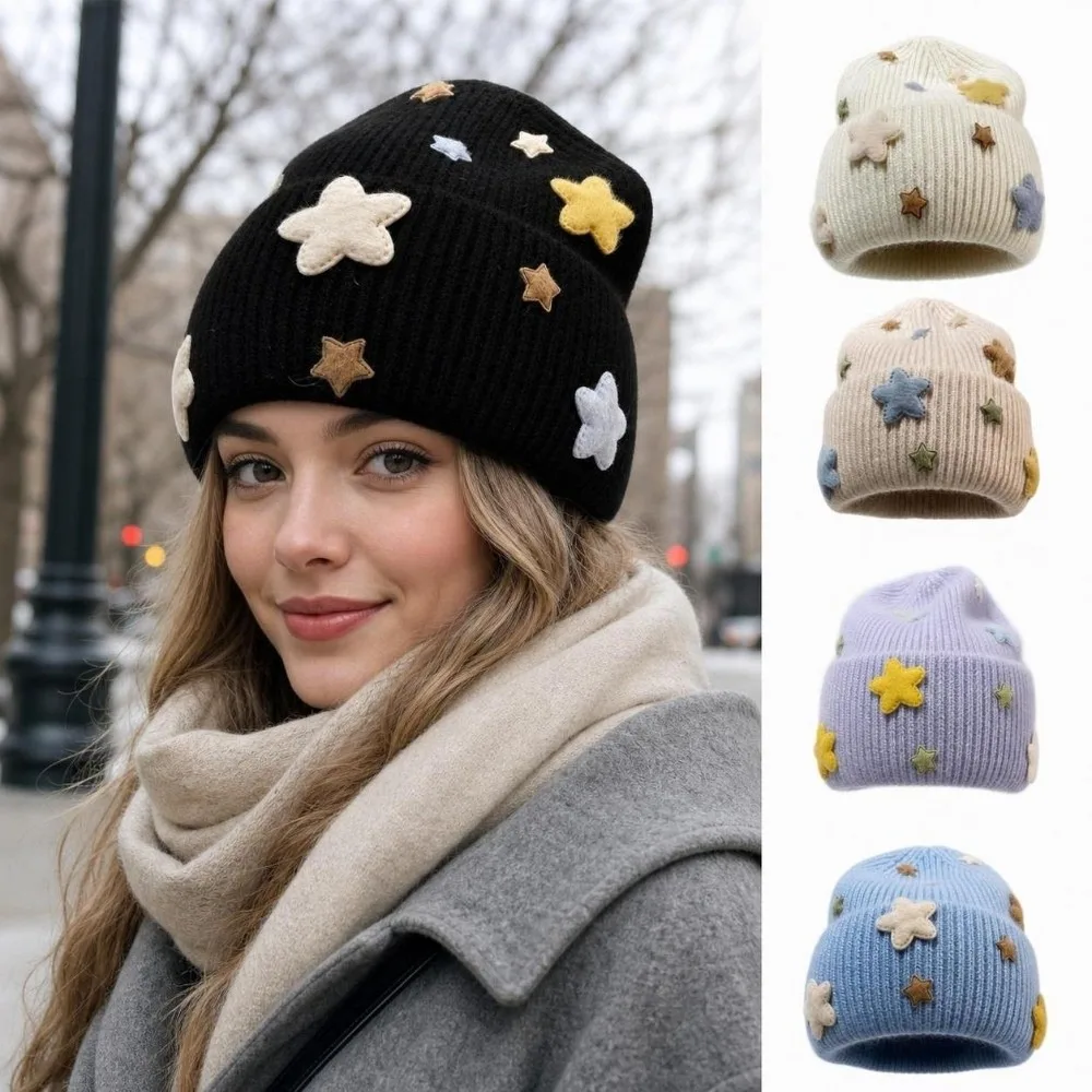 Cute 3D Star Knitted Beanie Hat Real Rabbit Fur Acrylic Blend Winter Skull Cap Thick Thermal Windproof Rabbit Fur Hat For Women