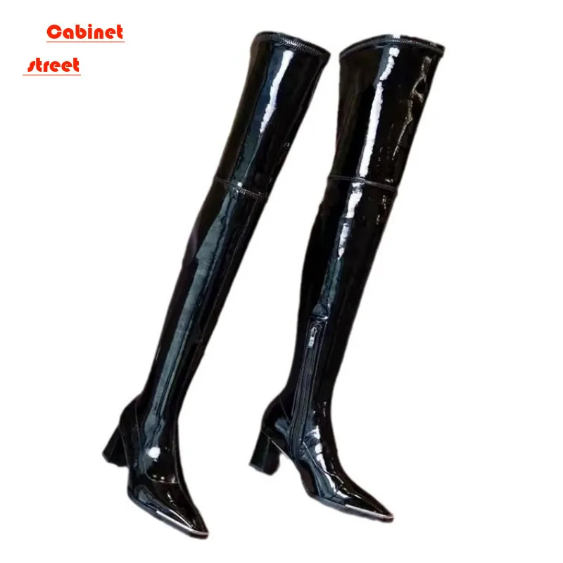 

2024 Elastic Over Knee High Thigh Boots Women Autumn Winter Thin Square Thick Heel Side Zipper Female Platform Leather Shoes