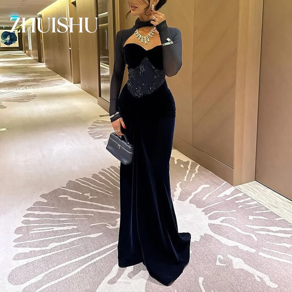 

ZHUISHU Elegant Women Evening Gown Velvet and Lace Patchwork Long Sleeves Party Dress Banquet Customized Formal Event Dresses