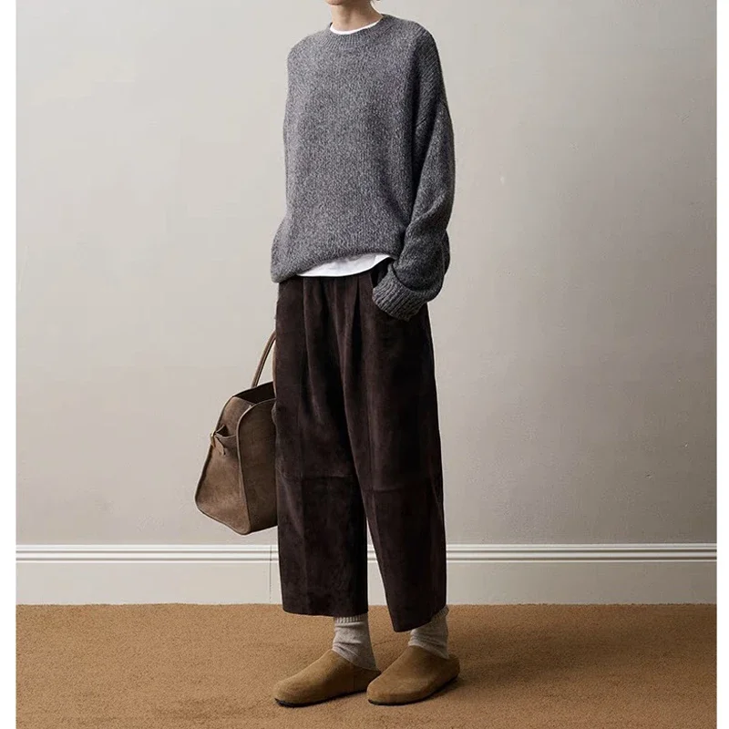 Retro 2025 Leather Ankle-Length Pants Women Elastic Waist Suede Sheepskin Wide Leg Length Straight Cylinder Trousers Black brown