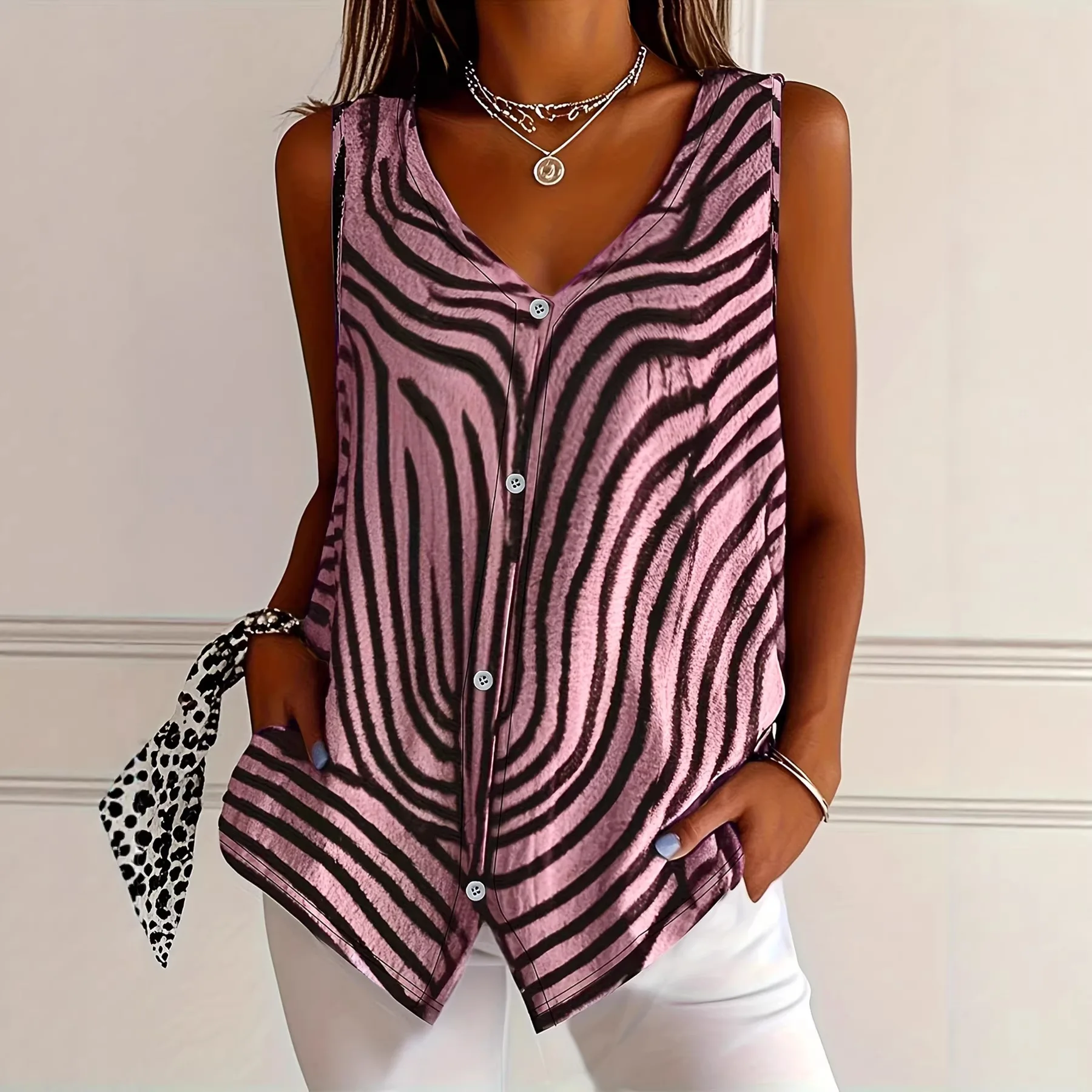 

2026 spring and summer new women's clothing printed button cardigan vest women's clothing