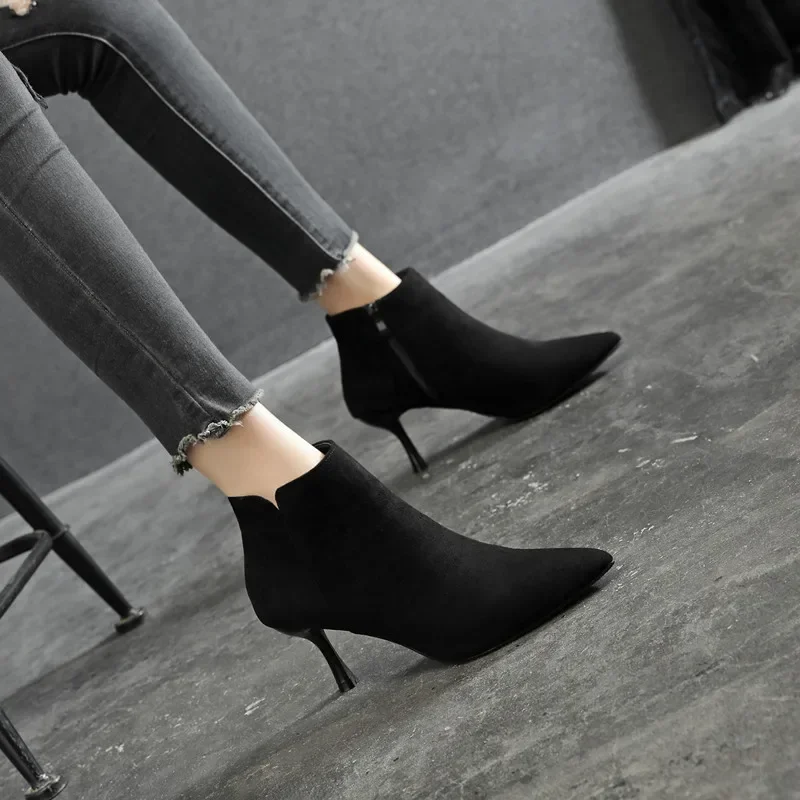 

Large Size 31-43 Short Boots Black High Heel Ankle Boots For Women Shoes Winter Thin Heels