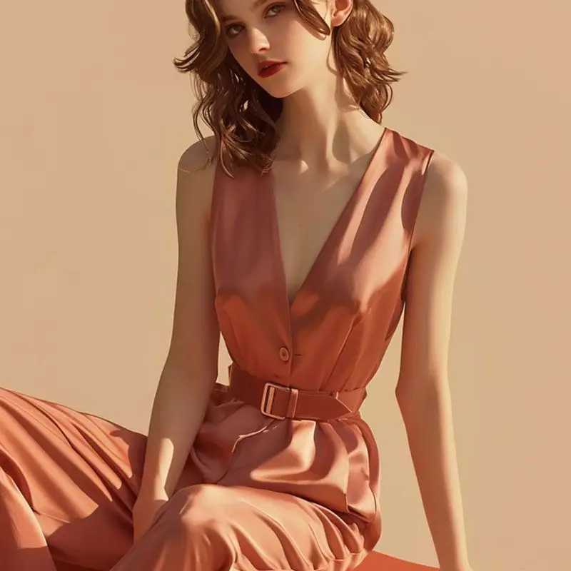 

Женский профессиональный атласный комбинезон без рукавов, офисный цельный наряд