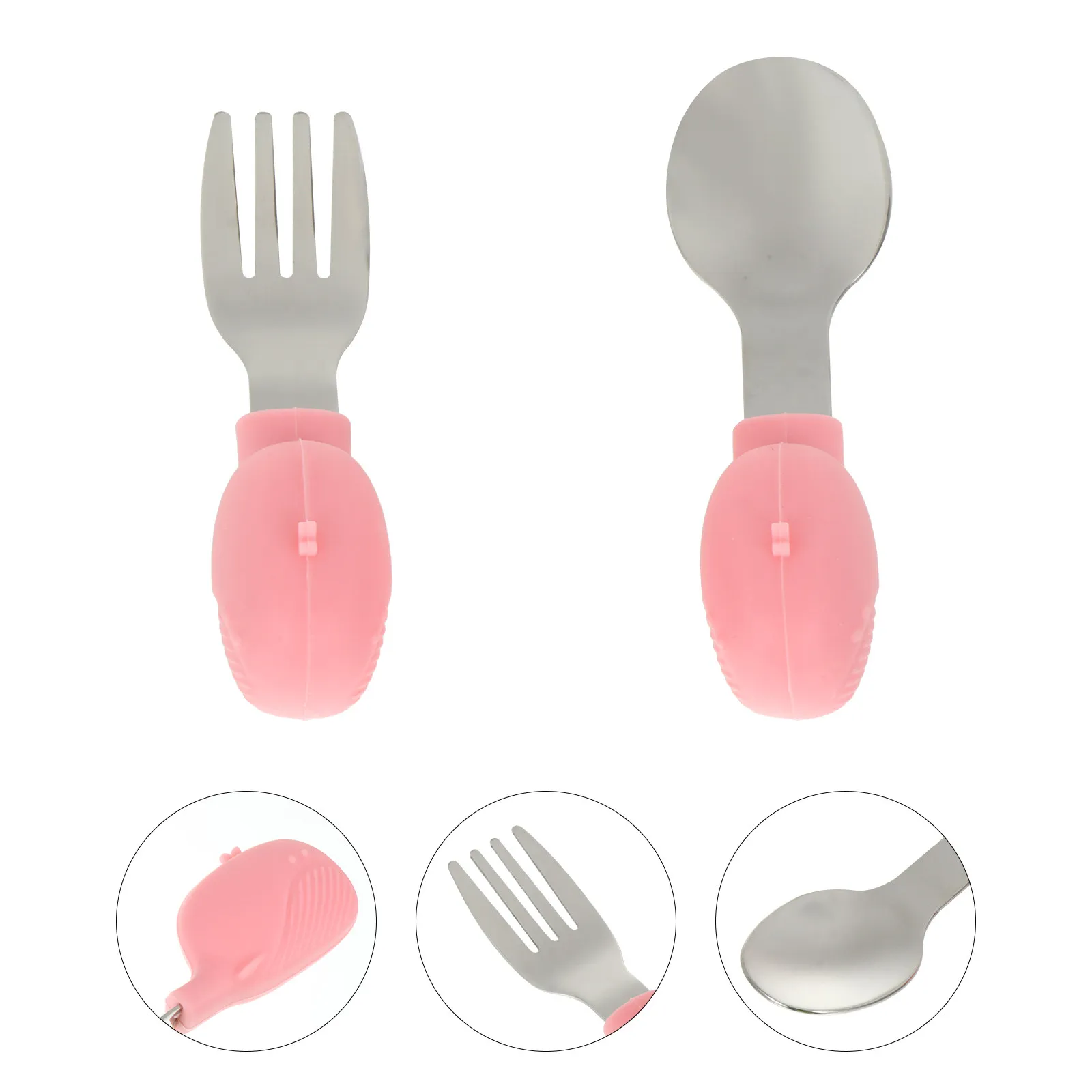 

2Pcs Baby Learning Tableware Stainless Steel Silicone Spoon Fork Cartoon Design Soft Handle Easy Grip Toddler Training Utensils