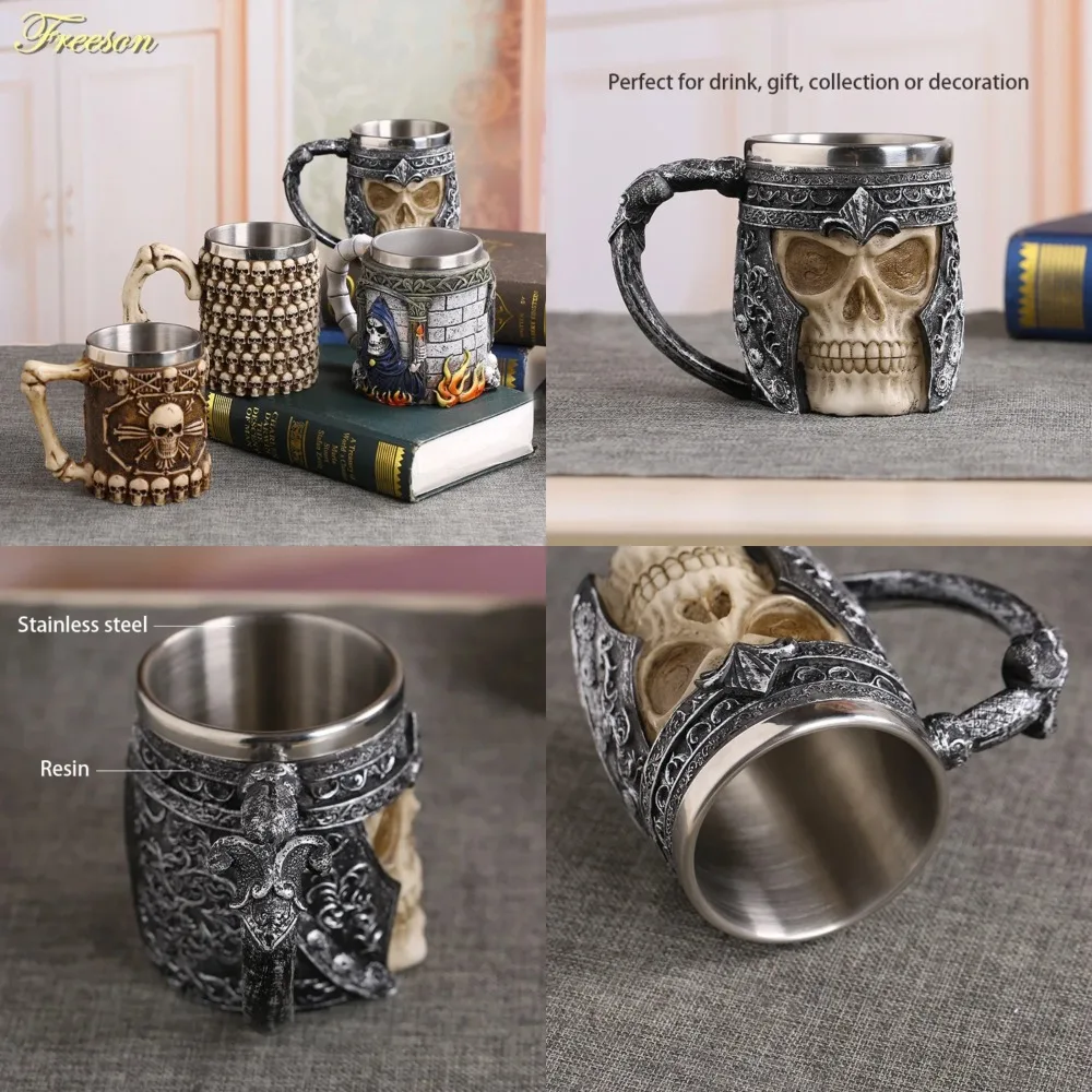 

Gothic Skull Resin Stainless Steel Beer Mug with Dragon Knight Tankard - Coolest Halloween Coffee Cup for Christmas Tea - Unique