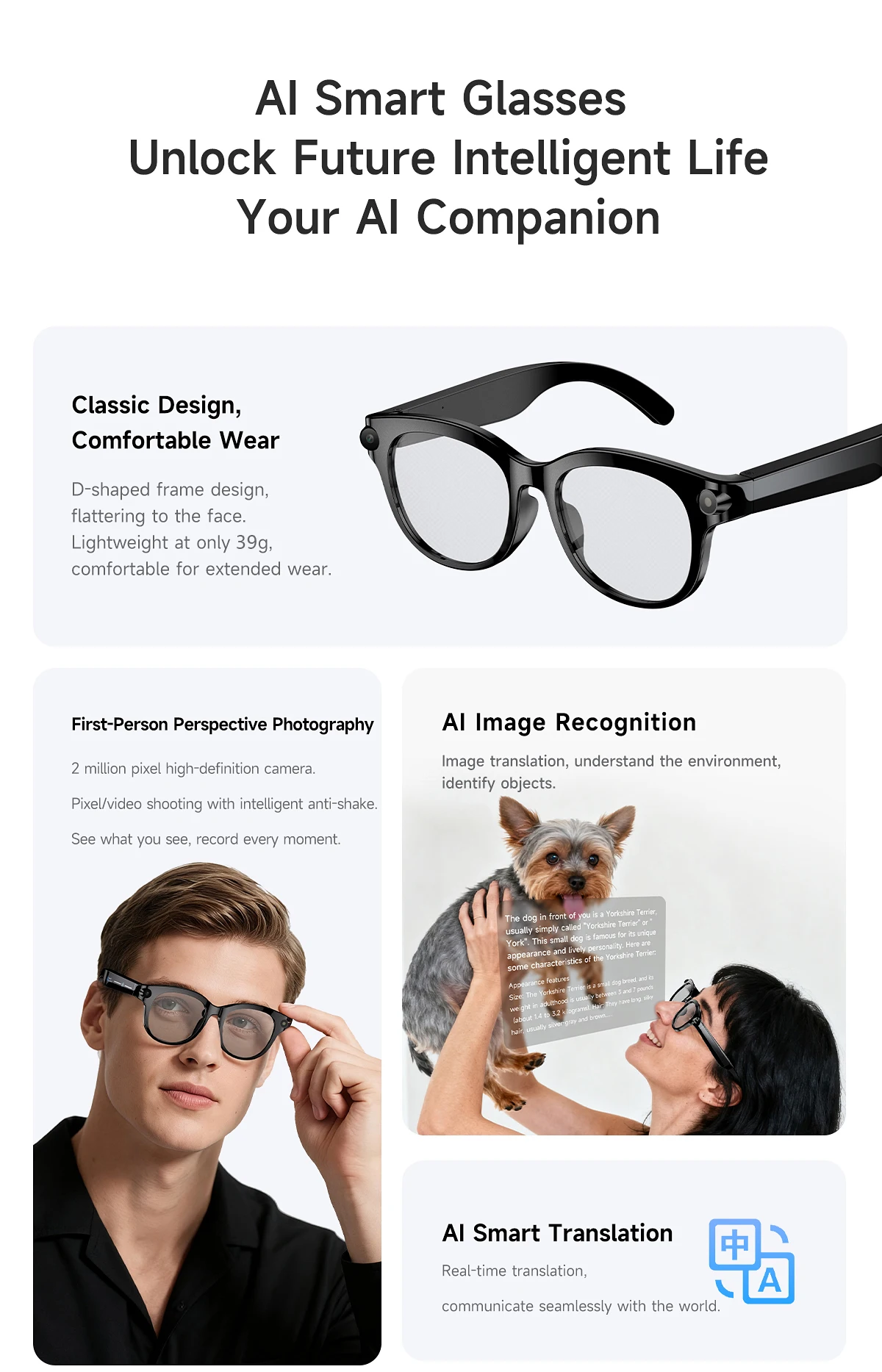 

Smart Fashion AI Glasses Real-time Translation Camera 200W Supports iOS And Android with Voice AI Assistant