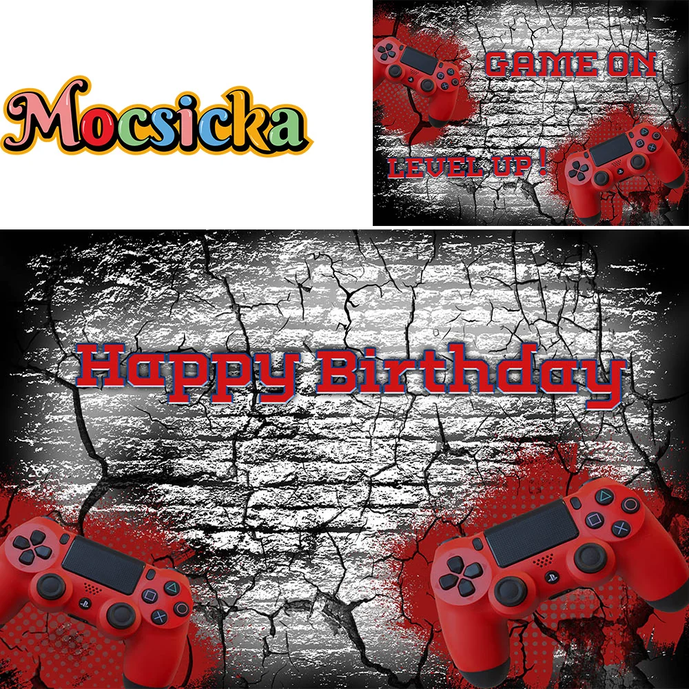 Mocsicka Game Theme Party Birthday Photography Background Machine Impact Broken Wall Backdrop Boy Family Holiday Photobooth Prop