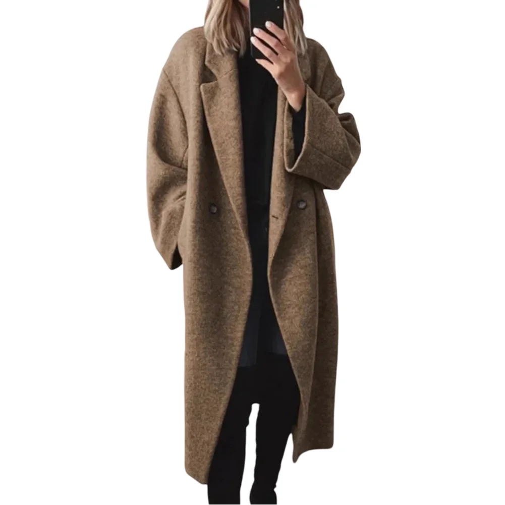 Dames casual lange trenchcoat voor herfst en winter met cardigan-halslijn en micro-elastisch polyester materiaal