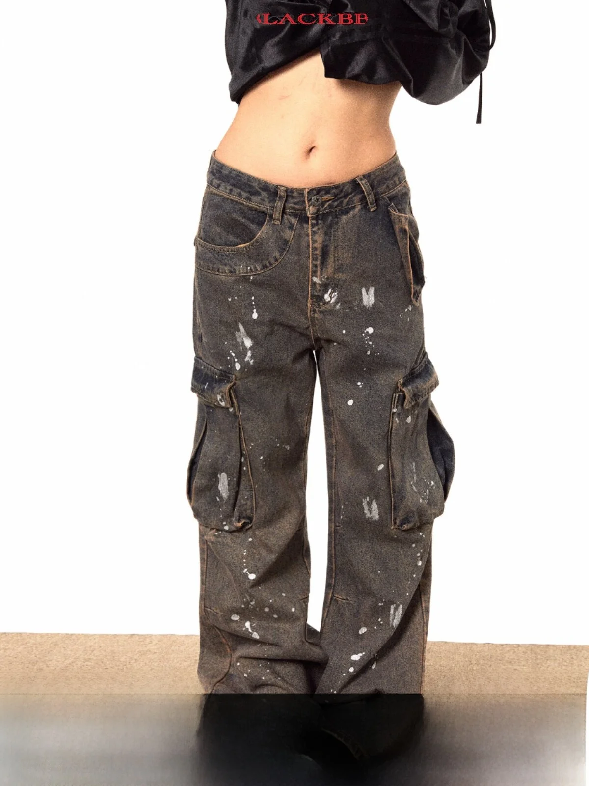 Retro Splashed Paint Workwear Style Jeans Multiple Pockets Loose Wide Leg Long Pants for Women Autumn New Arrival Versatile