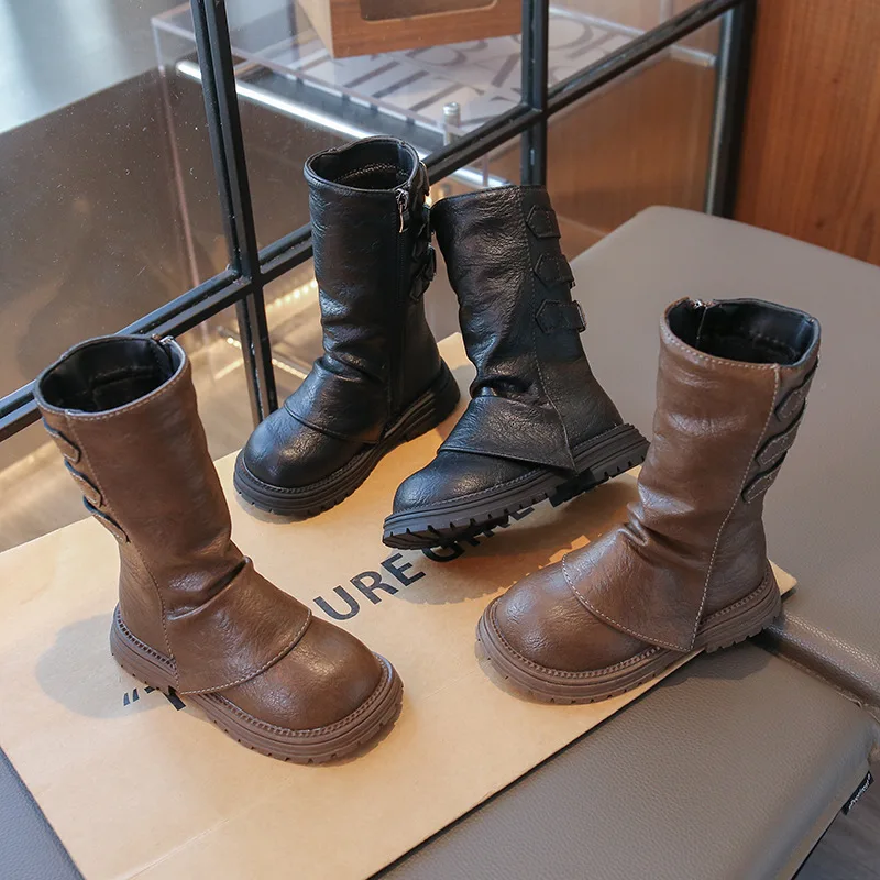 

Kids'Casual Shoes ​Long Boots PU Leather Flats Winter Shoes For Girls Solid color​ Anti-slip Warm Black Brown Shoes Size 26-37