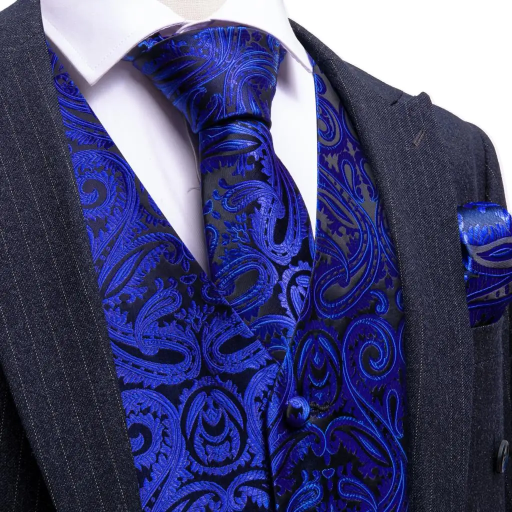 Silk Blue Paisley Wedding Party Formal Men Dress Vest Waistcoat Tie Set Male Clothes Elegant Suits Sleeveless Jacket Barry Wang