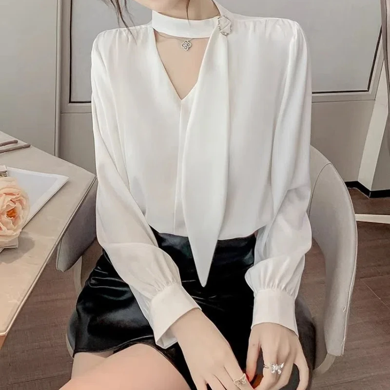 Temperament Chiffon Loose Blouse Spring Autumn New V Neck Solid Long Sleeve Elegant Shirt Tops Vintage Fashion Women Clothing