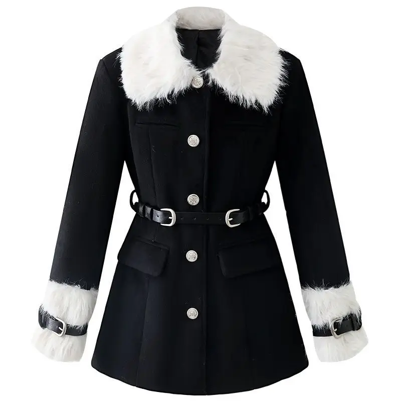 冬用厚手韓国ファッションレディースウィンドブレーカー黒毛皮襟スリムフレンチエレガントシックトレンチコート婦人服2025