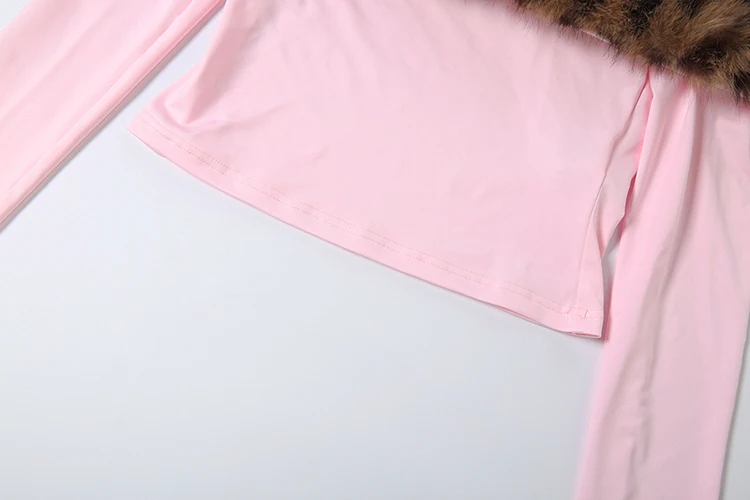 Nibber 2-teiliges Set für Damen, Leopardenmuster, pelziges Patchwork, Slash-Ausschnitt, volle Ärmel, T-Shirts + Miniröcke mit Strass-Dekoration, modische Anzüge – Detail 8