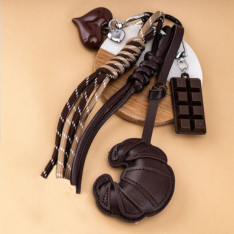 

New Braided Rope Croissant Keychain Heart Shape Mobile Phone Chocolate Bag Pendant Charms Ornaments Gifts