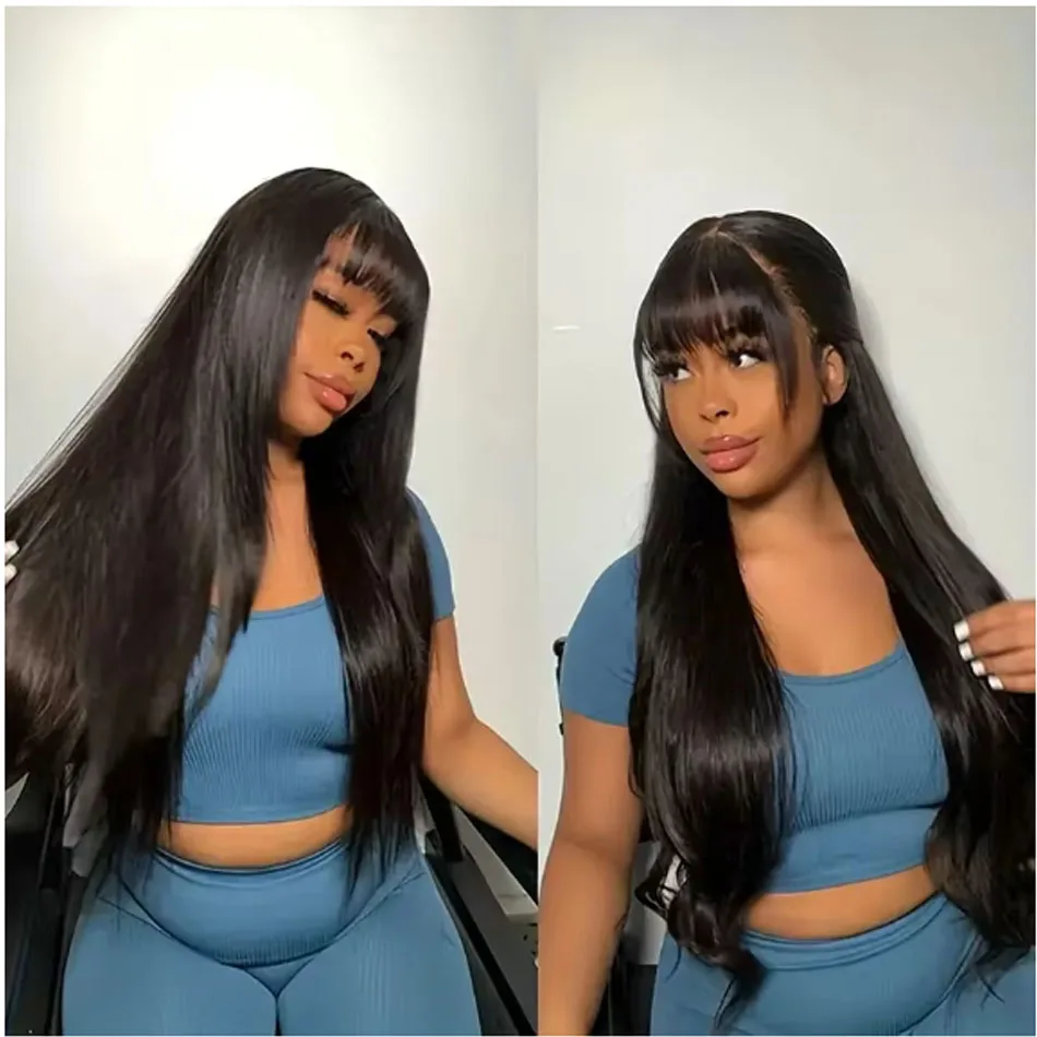 Natural Black Bone Straight Human Hair Wig With Bangs 30Inch Glueless Brazilian 3x1 Lace Wigs Full Machine Made Wig