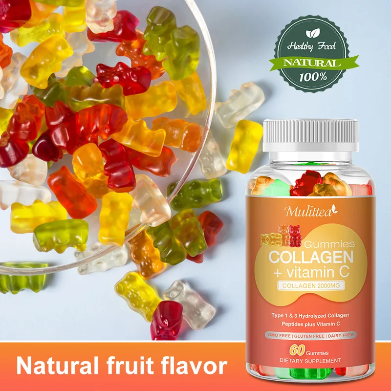 Mulittea Collagen Vitamins C Gummies Hyaluronic Acid for Brighten Skin &Skin Collagen Protein Joint Hair Nails Health