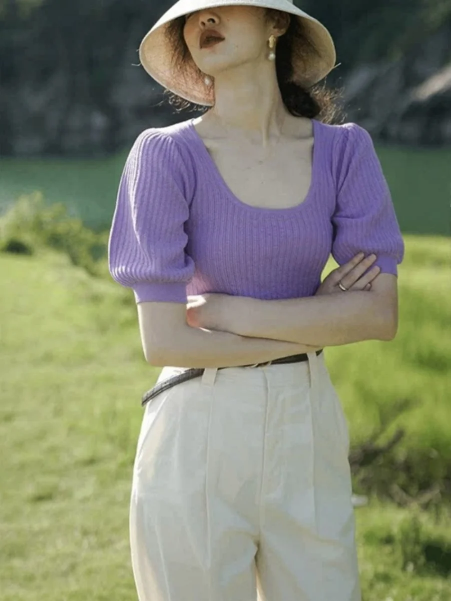 

Design Sensation Women's Purple Knitted Short Sleeve T-shirt Ice Silk Bubble Sleeve Slim Fit Summer Fashion Korean Style