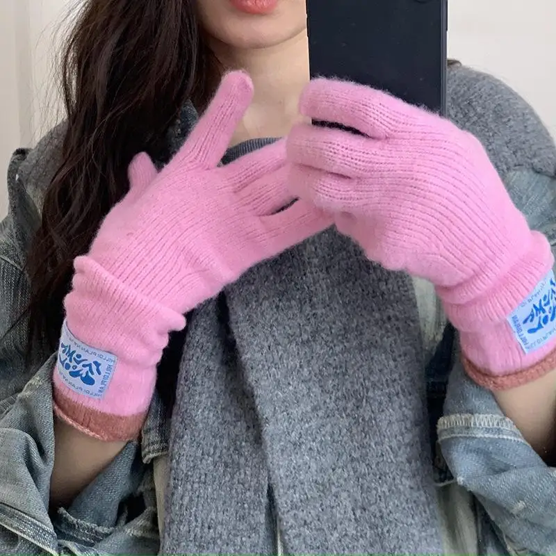 Gants chauds bouclés avec étiquette mi-longue coréenne pour femmes, gants tricotés à cinq doigts pour écran tactile Dopamine, blocage de couleur