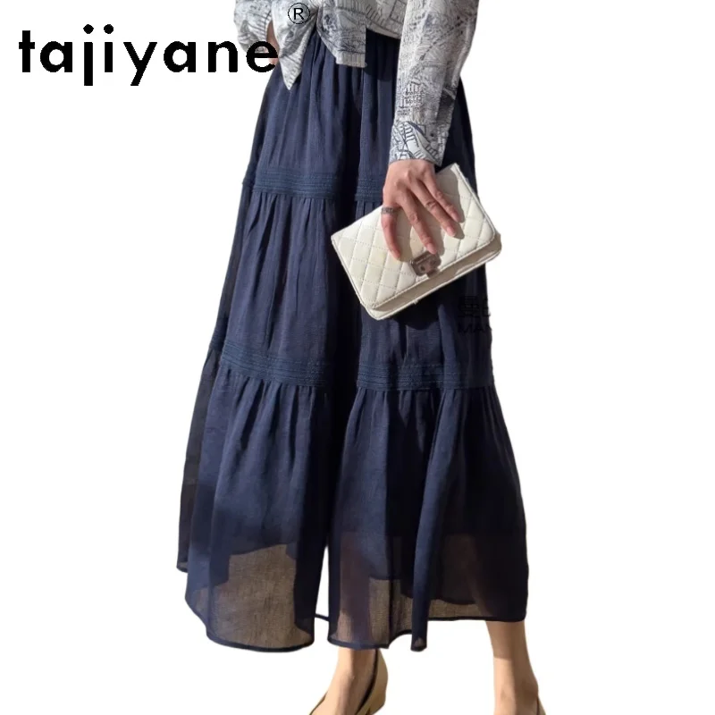 

TAJIYANE Юбка из 50% льна и 50% шелка тутового шелкопряда, темно-синяя, длинная, повседневная, А-силуэт, летняя, женская одежда 2026, faldas largas
