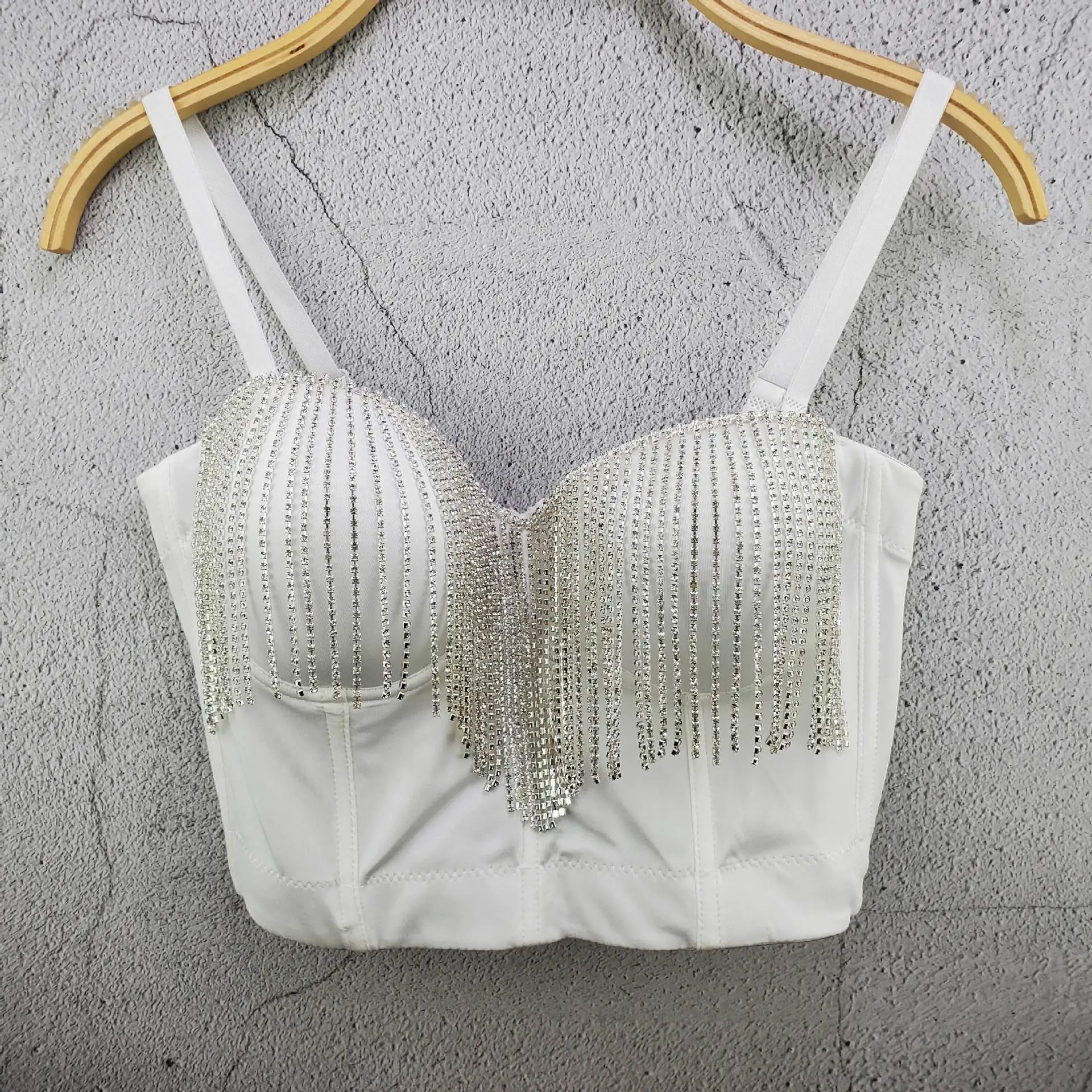 D1253 Dropship traje de danza clásica moda diamante tachonado borla cadena camisola chaleco Top ropa de lujo precio al por mayor