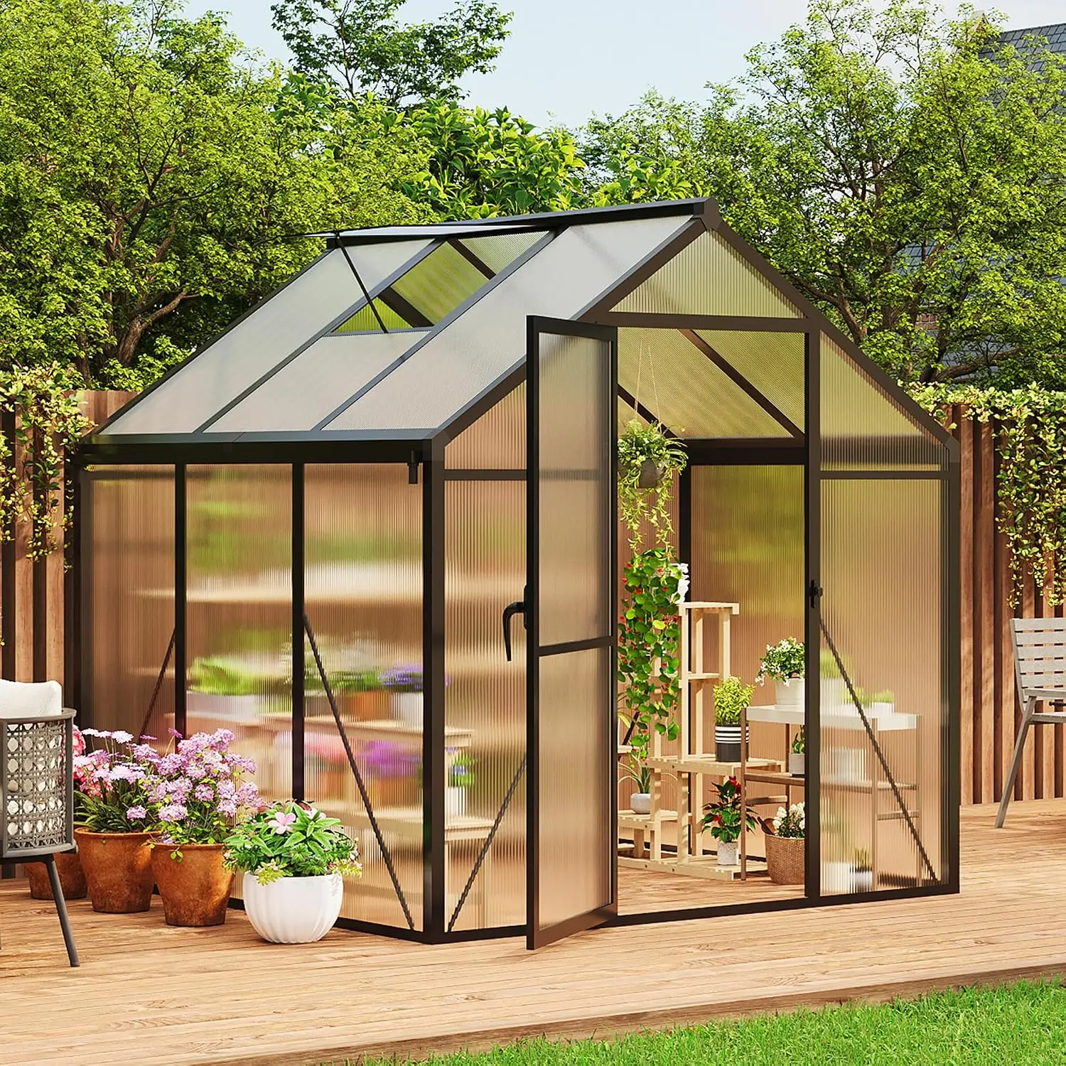 6x6 FT Walk-in Greenhouse Polycarbonate Aluminum Frame Roof Vent Quick Setup Outdoor Garden Planting, Customized