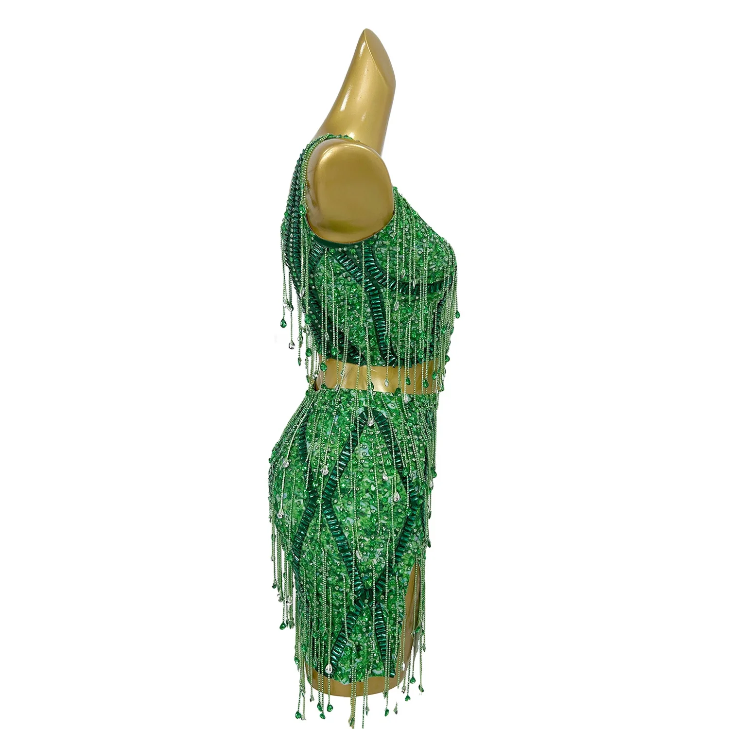 Night Party Sexy Women Crop Tops Mini Skirt 2Pieces Set Sexy Sparkly Crystals Tassel Dress Dance Stage Performance Outfit Caodi