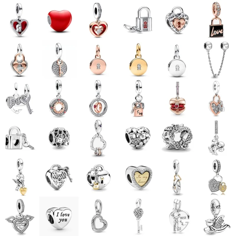 Valentine's Day Charms 925 Silver Keys of Lock Pendant Forever Love Beads Fit Original Pandora Bracelet DIY Jewelry Gift plated