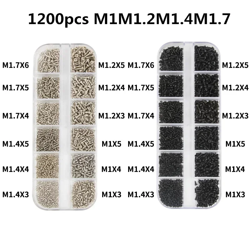 1200Pcs Micro Glasses Screws Kit - M1 M1.2 M1.4 M1.7 Round Head Self-Tapping Electronic & Small Wood Screws Set