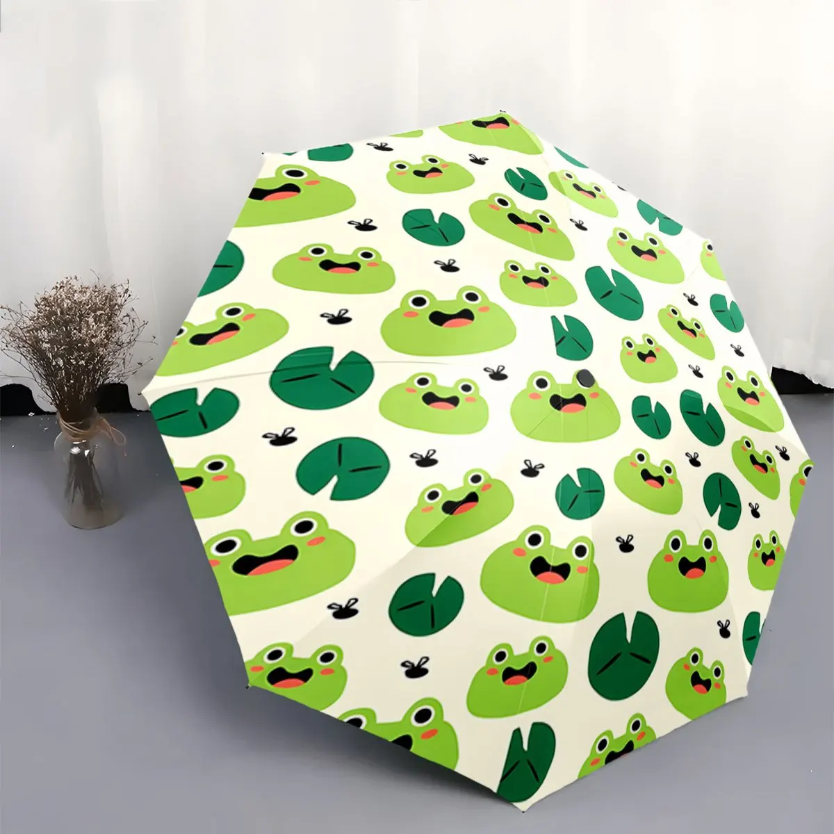 

Automatic Folding Umbrella with Green Frogs, Lily Pads & Small Flies Design - Portable Collapsible 8-Rib Durable Canopy, Light